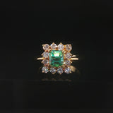 18k Yellow Gold 0.88ct Emerald and 0.62cttw Diamond Halo Ring Size 4.75
