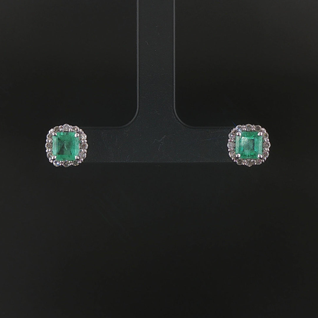 18k White Gold 1.56cttw Colombian Emerald and Diamond Halo Stud Earrings