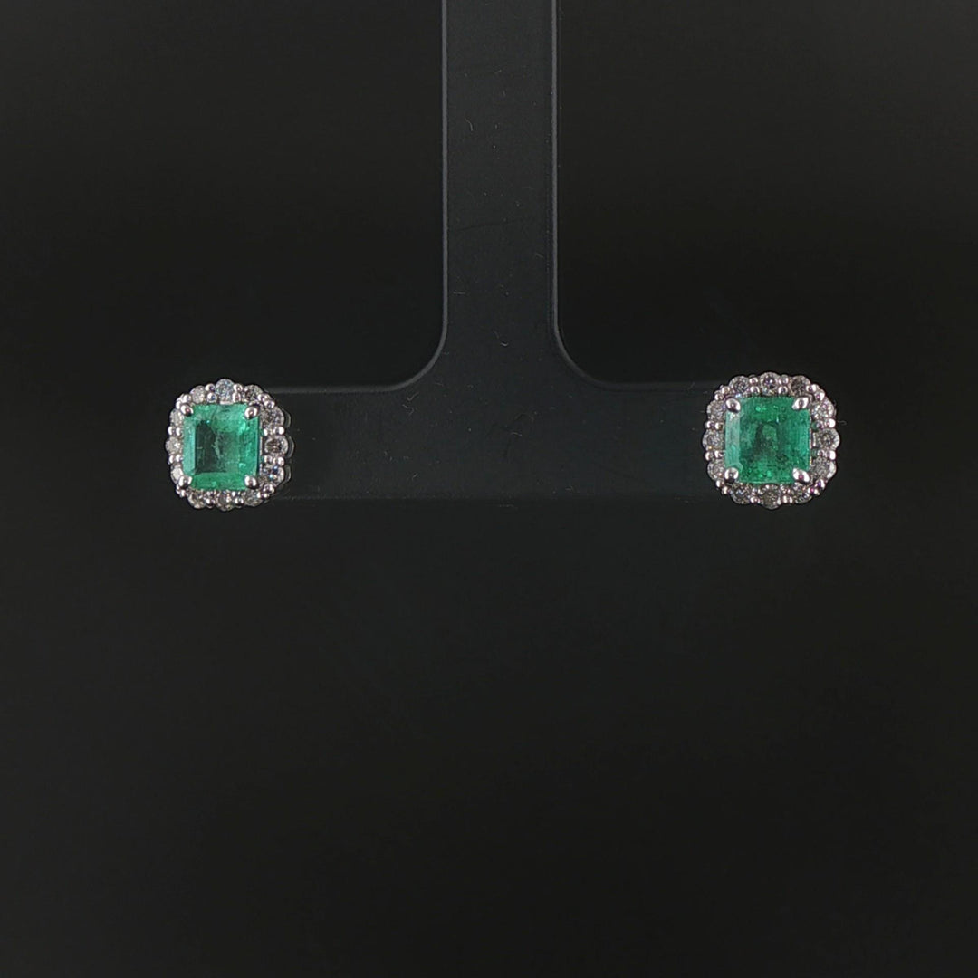 18k White Gold 1.56cttw Colombian Emerald and Diamond Halo Stud Earrings