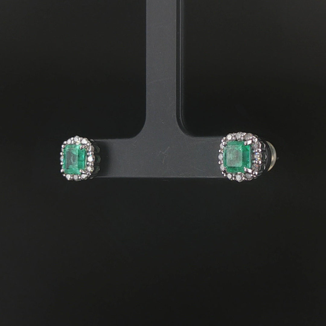 18k White Gold 1.56cttw Colombian Emerald and Diamond Halo Stud Earrings