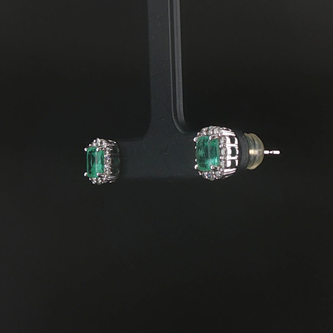 18k White Gold 1.56cttw Colombian Emerald and Diamond Halo Stud Earrings