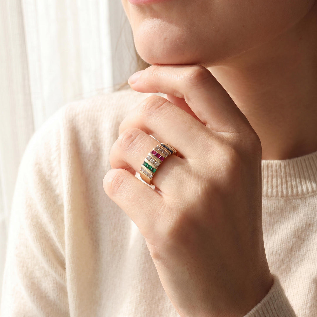 14k Yellow Gold Multi Gemstone and 0.84cttw Diamond Band Ring Size 9.75