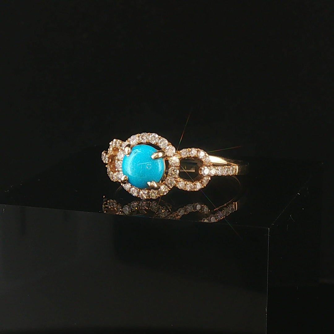 14k Yellow Gold Cabochon Turquoise and 0.41cttw Diamond Ring Size 9