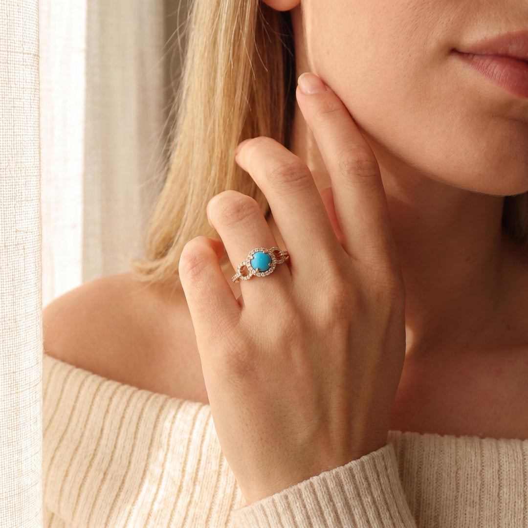 14k Yellow Gold Cabochon Turquoise and 0.41cttw Diamond Ring Size 9