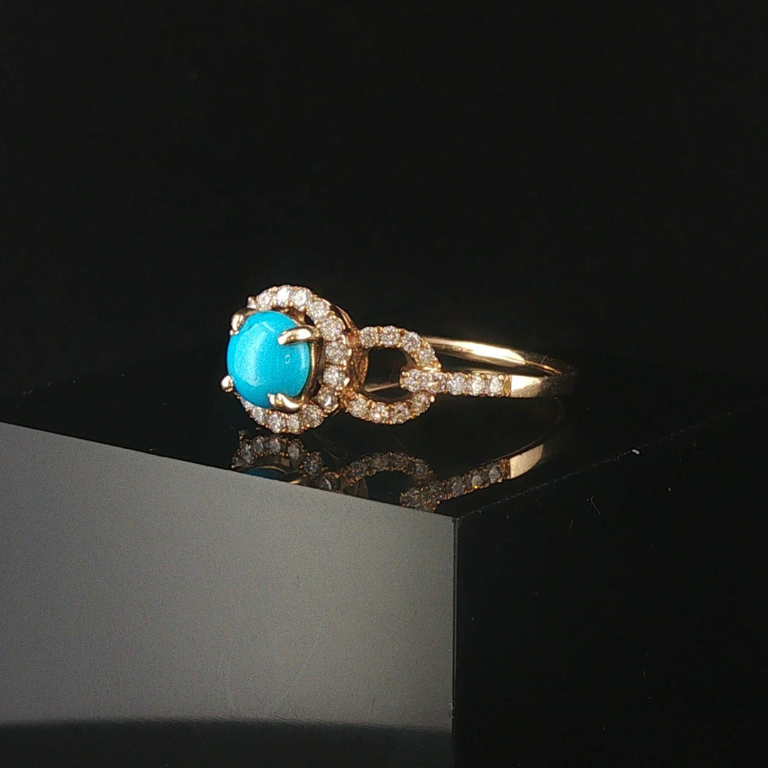 14k Yellow Gold Cabochon Turquoise and 0.41cttw Diamond Ring Size 9