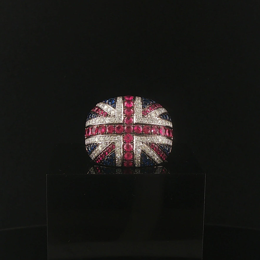 14k White Gold Ruby Sapphire and 1.27ct Diamond Men's Union Jack Ring Size 11.5