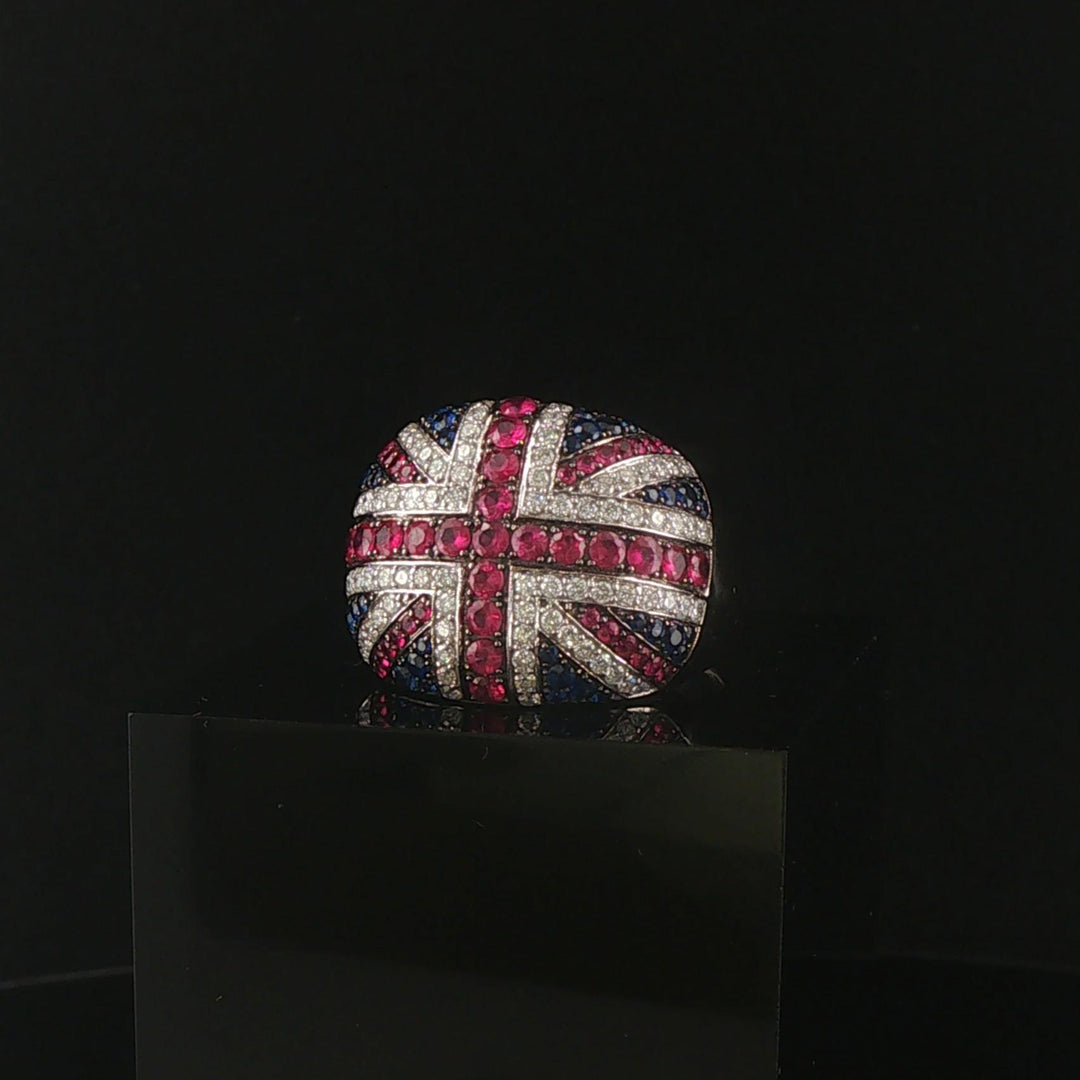 14k White Gold Ruby Sapphire and 1.27ct Diamond Men's Union Jack Ring Size 11.5