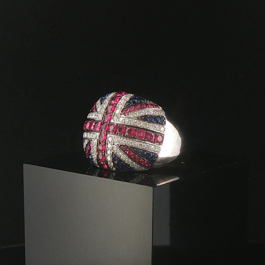 14k White Gold Ruby Sapphire and 1.27ct Diamond Men's Union Jack Ring Size 11.5