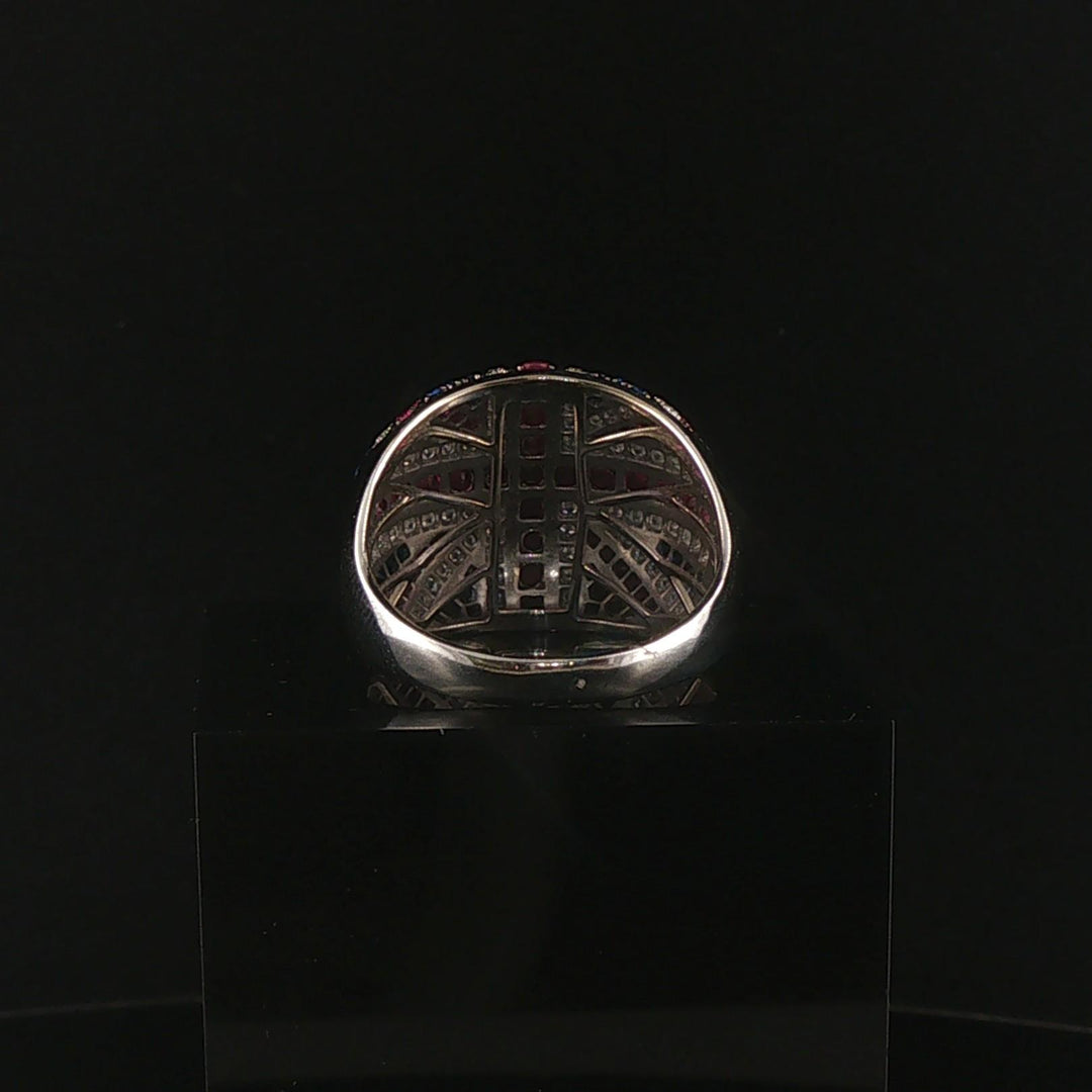 14k White Gold Ruby Sapphire and 1.27ct Diamond Men's Union Jack Ring Size 11.5