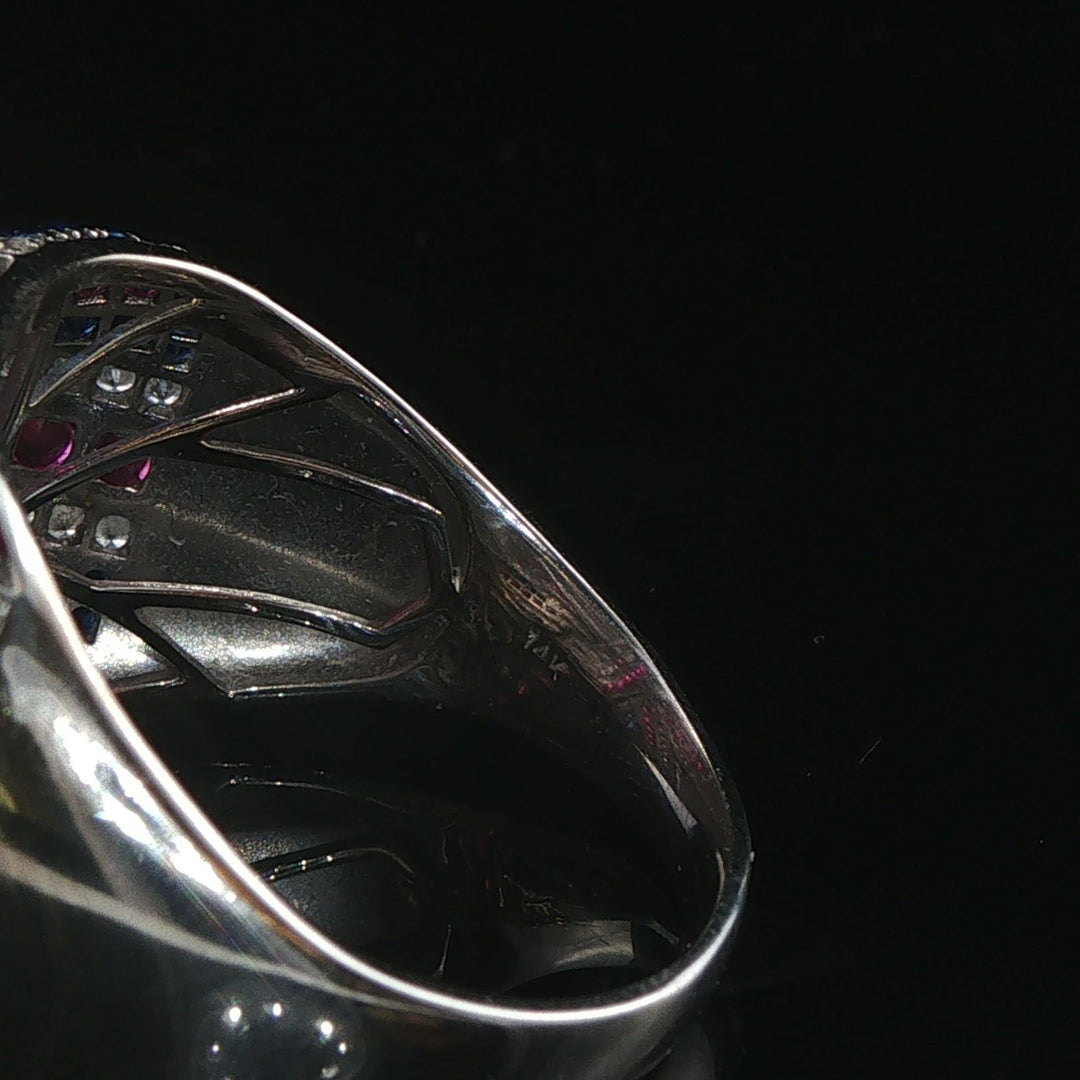 14k White Gold Ruby Sapphire and 1.27ct Diamond Men's Union Jack Ring Size 11.5