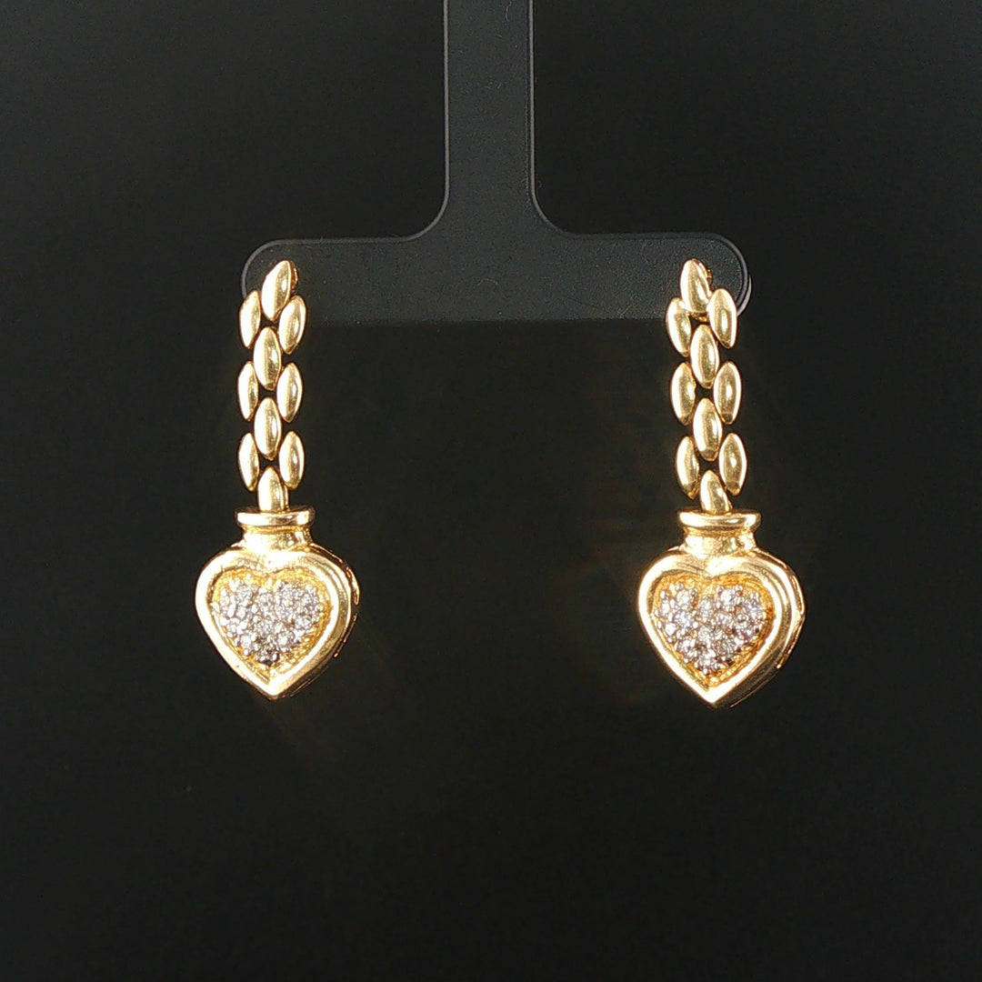 14k Yellow Gold and 0.50cttw Diamond Chain Link Heart Drop Dangle Earrings 1.5"