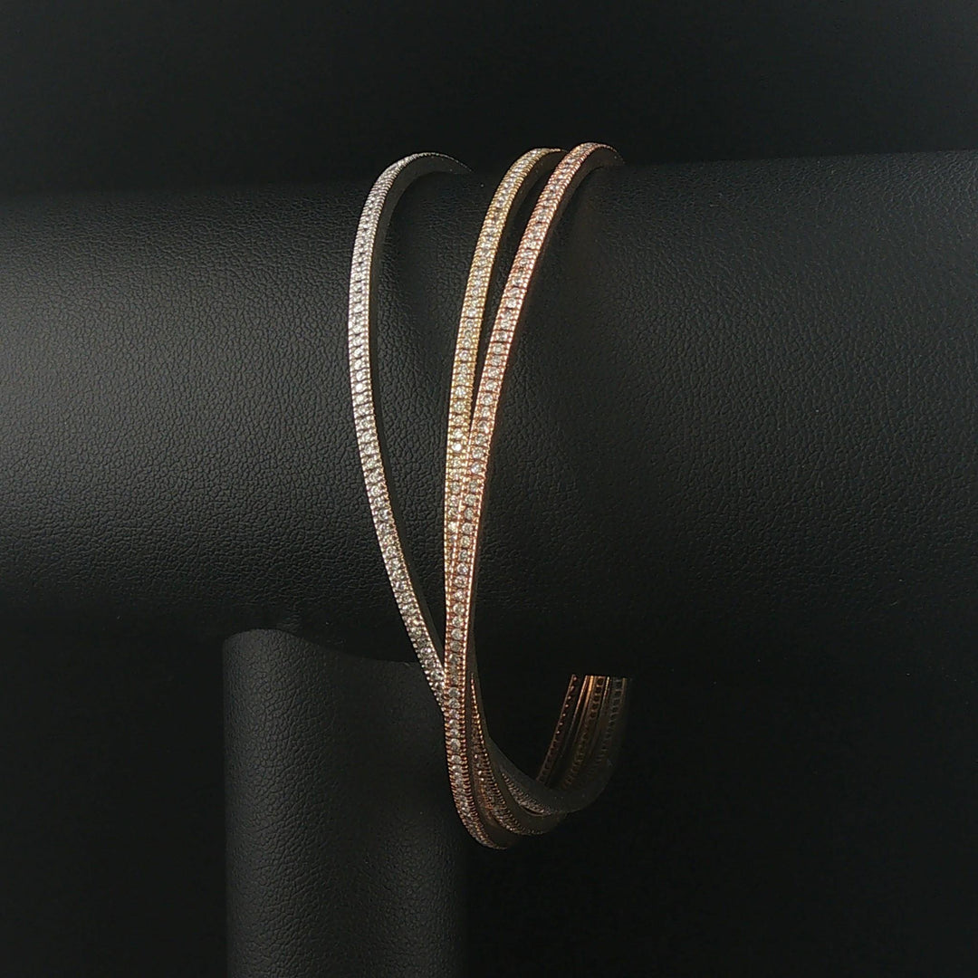 14k Tri Tone Gold 26.5g and 3cttw Diamond Vintage Rolling Bangle Bracelets 7.5"