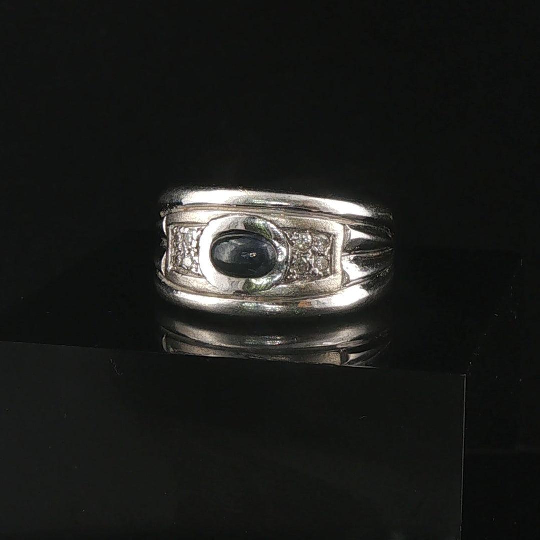 18k White Gold Cabochon Sapphire and Diamond Vintage Band Ring Size 6.75