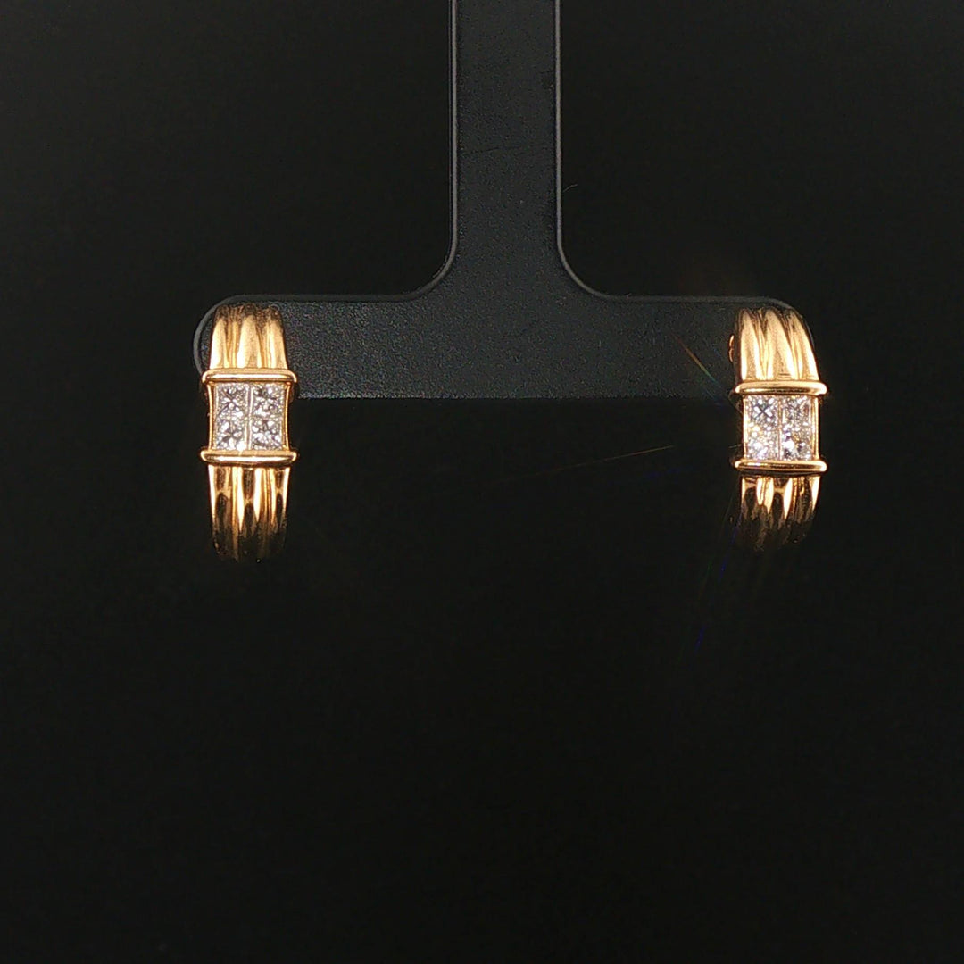 18k Yellow Gold and 0.60cttw Princess Cut Diamonds Half Hoop Earrings
