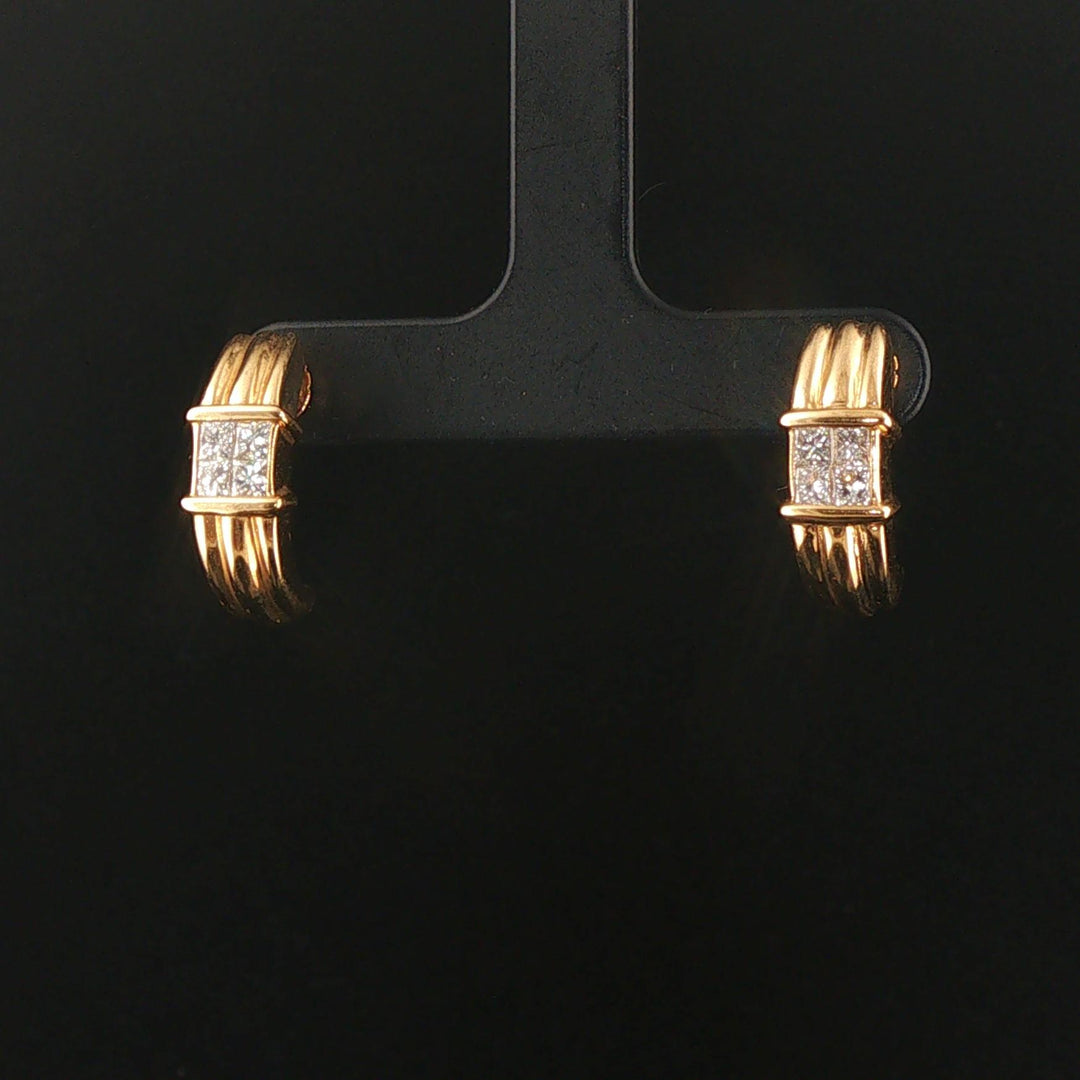 18k Yellow Gold and 0.60cttw Princess Cut Diamonds Half Hoop Earrings