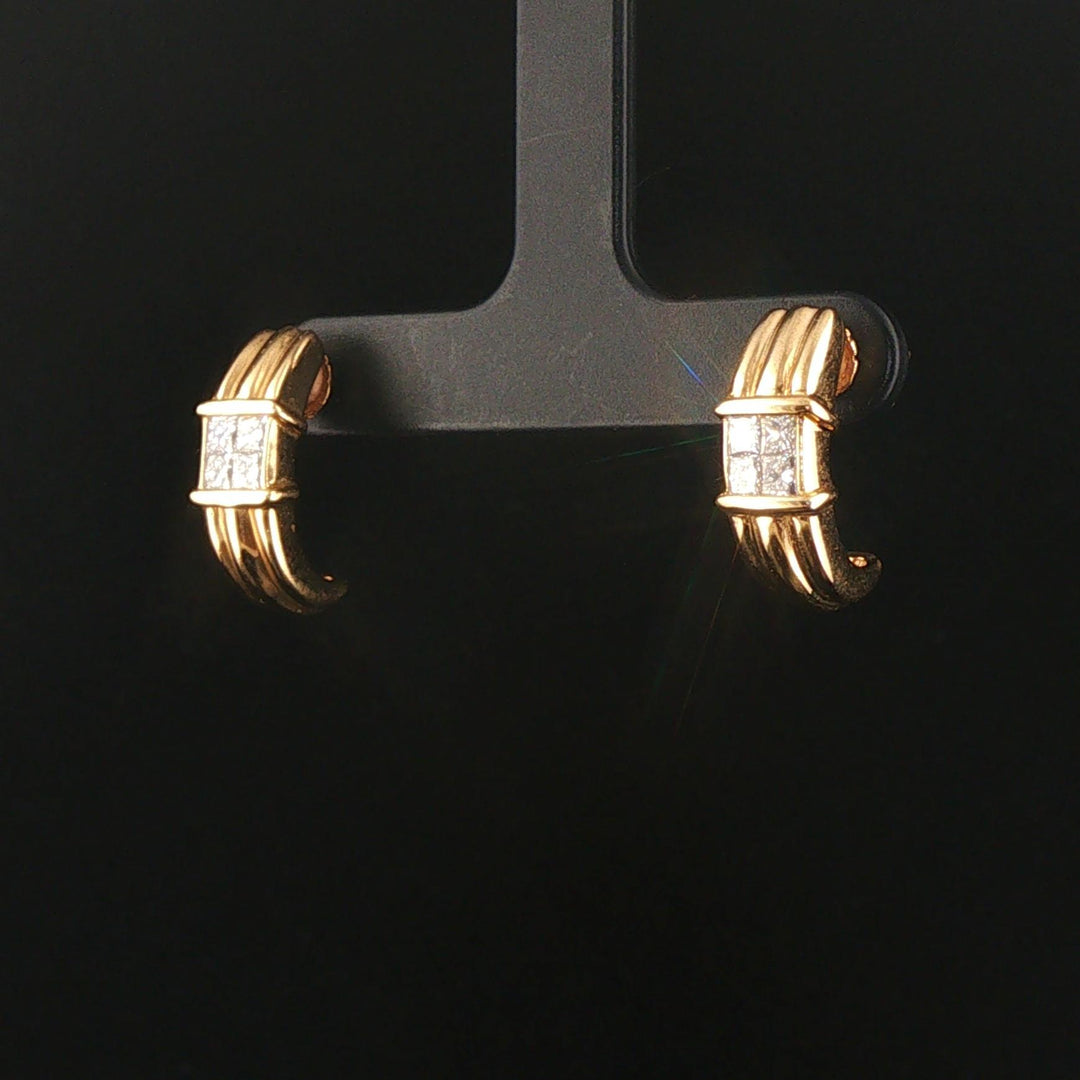 18k Yellow Gold and 0.60cttw Princess Cut Diamonds Half Hoop Earrings