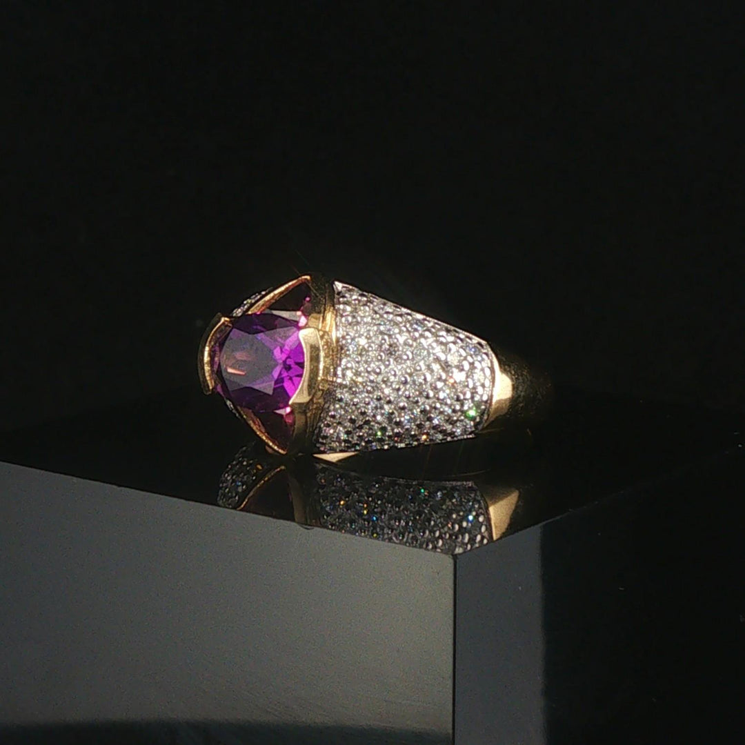 14k Yellow Gold Amethyst Pink Sapphire and Diamond Ladies Ring Size 7