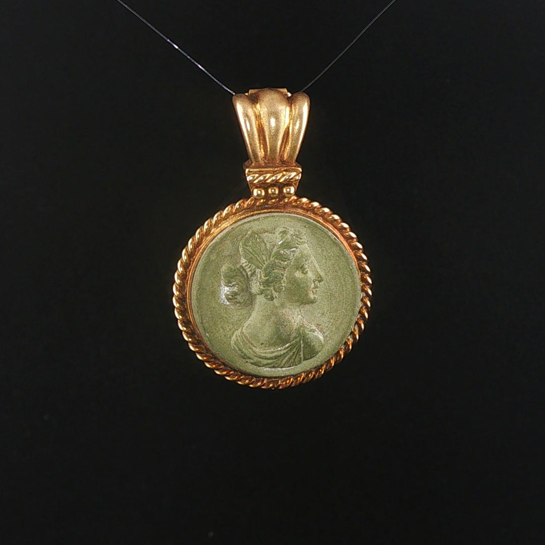 14k Yellow Gold and Carved Lava Vintage Cameo Pendant 1.5"