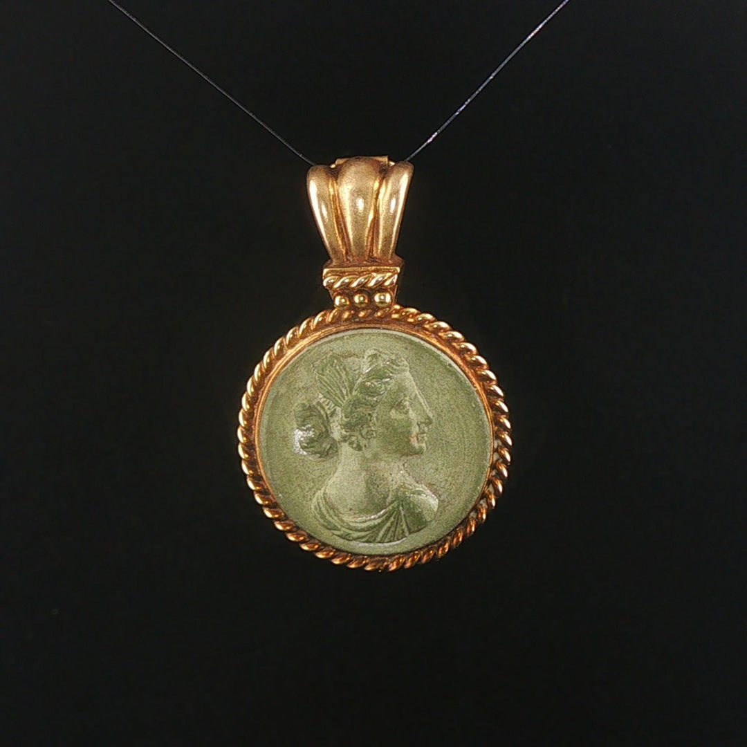 14k Yellow Gold and Carved Lava Vintage Cameo Pendant 1.5"