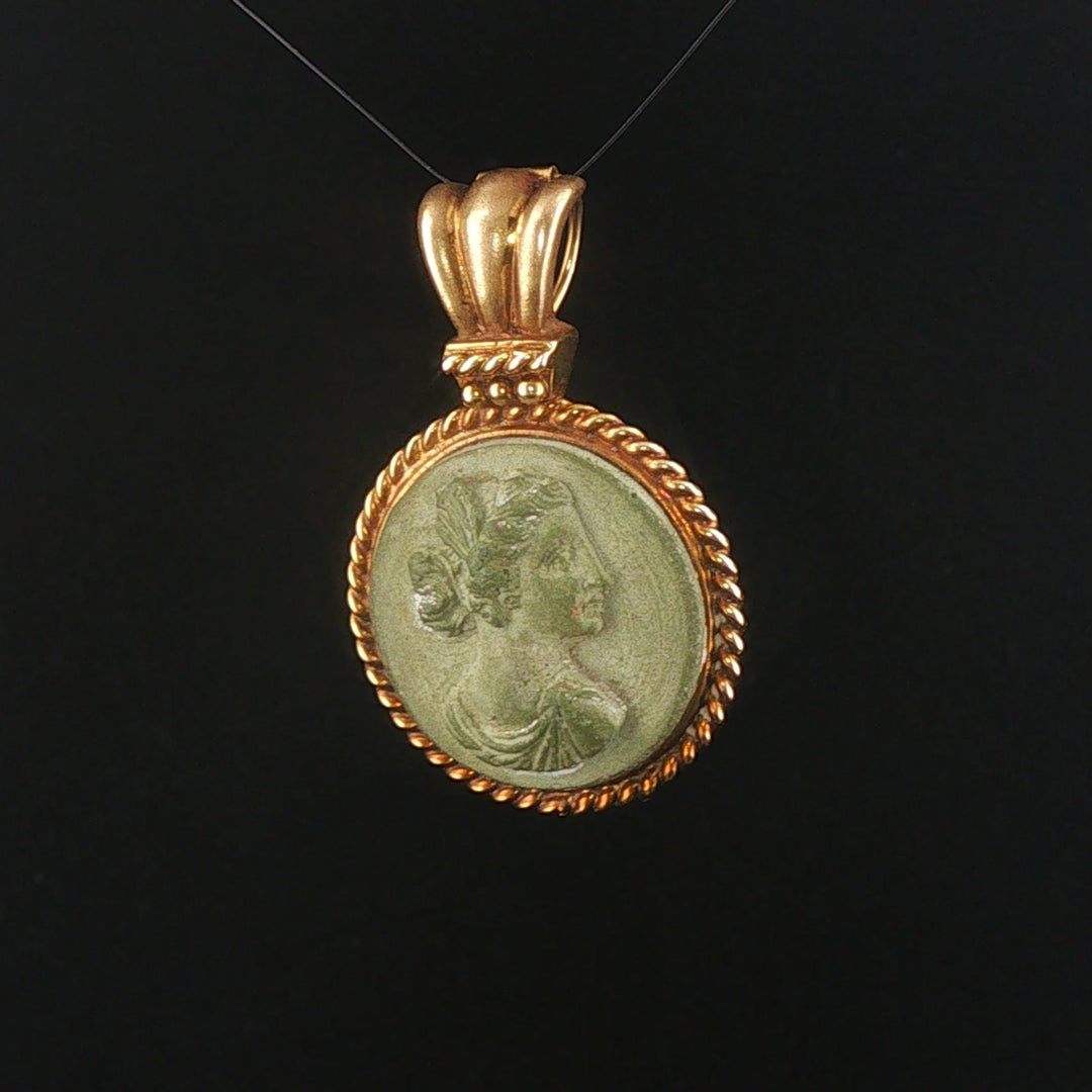 14k Yellow Gold and Carved Lava Vintage Cameo Pendant 1.5"