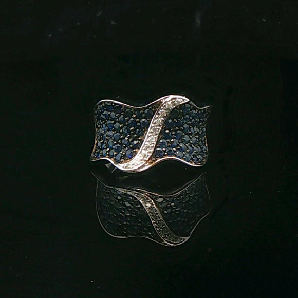 14k White Gold Blue Sapphire and Diamond Curved Band Ring Size 7