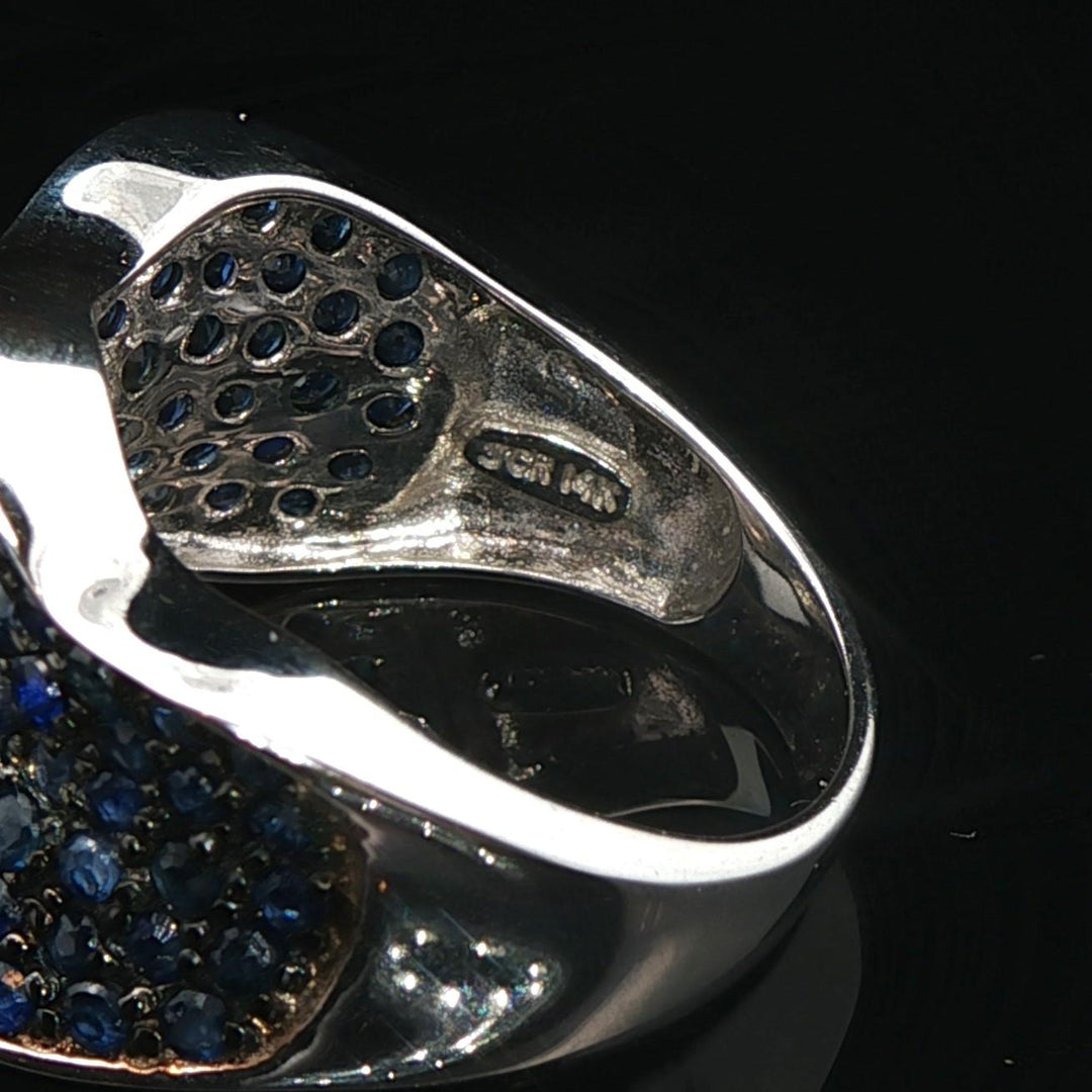 14k White Gold Blue Sapphire and Diamond Curved Band Ring Size 7