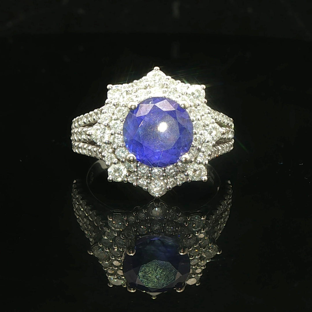 18k White Gold 2.39ct Tanzanite and 1.04cttw Diamond Halo Ring Size 6.5