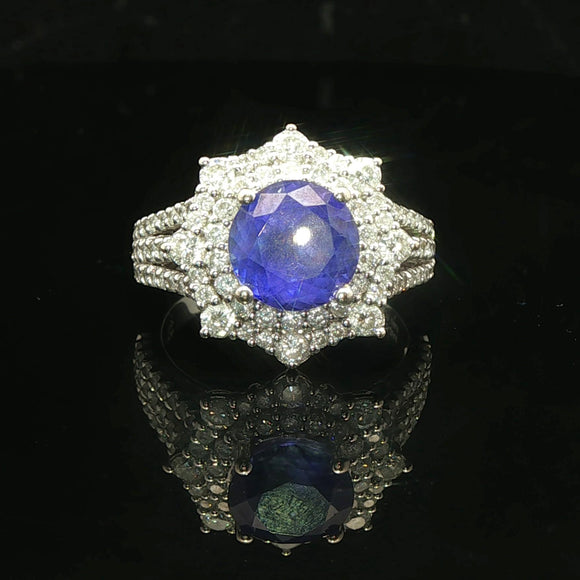 18k White Gold 2.39ct Tanzanite and 1.04cttw Diamond Halo Ring Size 6.5