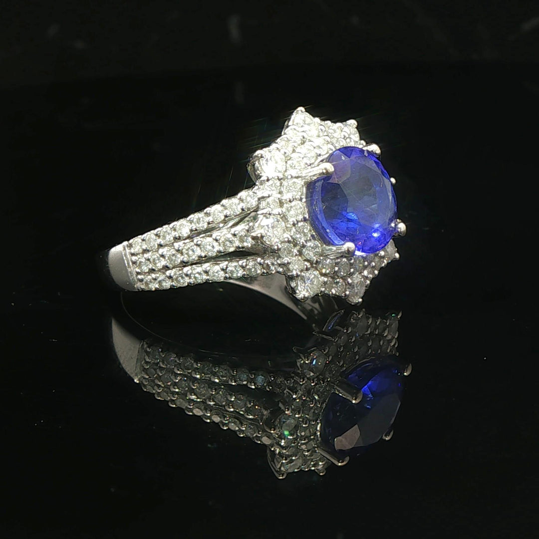 18k White Gold 2.39ct Tanzanite and 1.04cttw Diamond Halo Ring Size 6.5