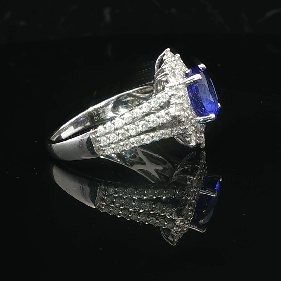 18k White Gold 2.39ct Tanzanite and 1.04cttw Diamond Halo Ring Size 6.5