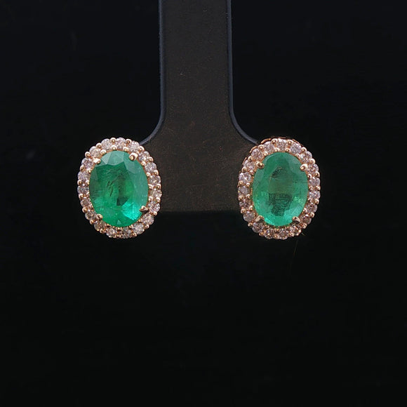 18k Yellow Gold Emerald and 0.56cttw Diamond Halo Stud Earrings