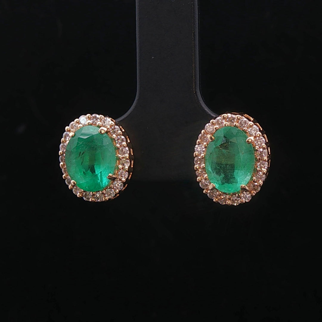 18k Yellow Gold Emerald and 0.56cttw Diamond Halo Stud Earrings