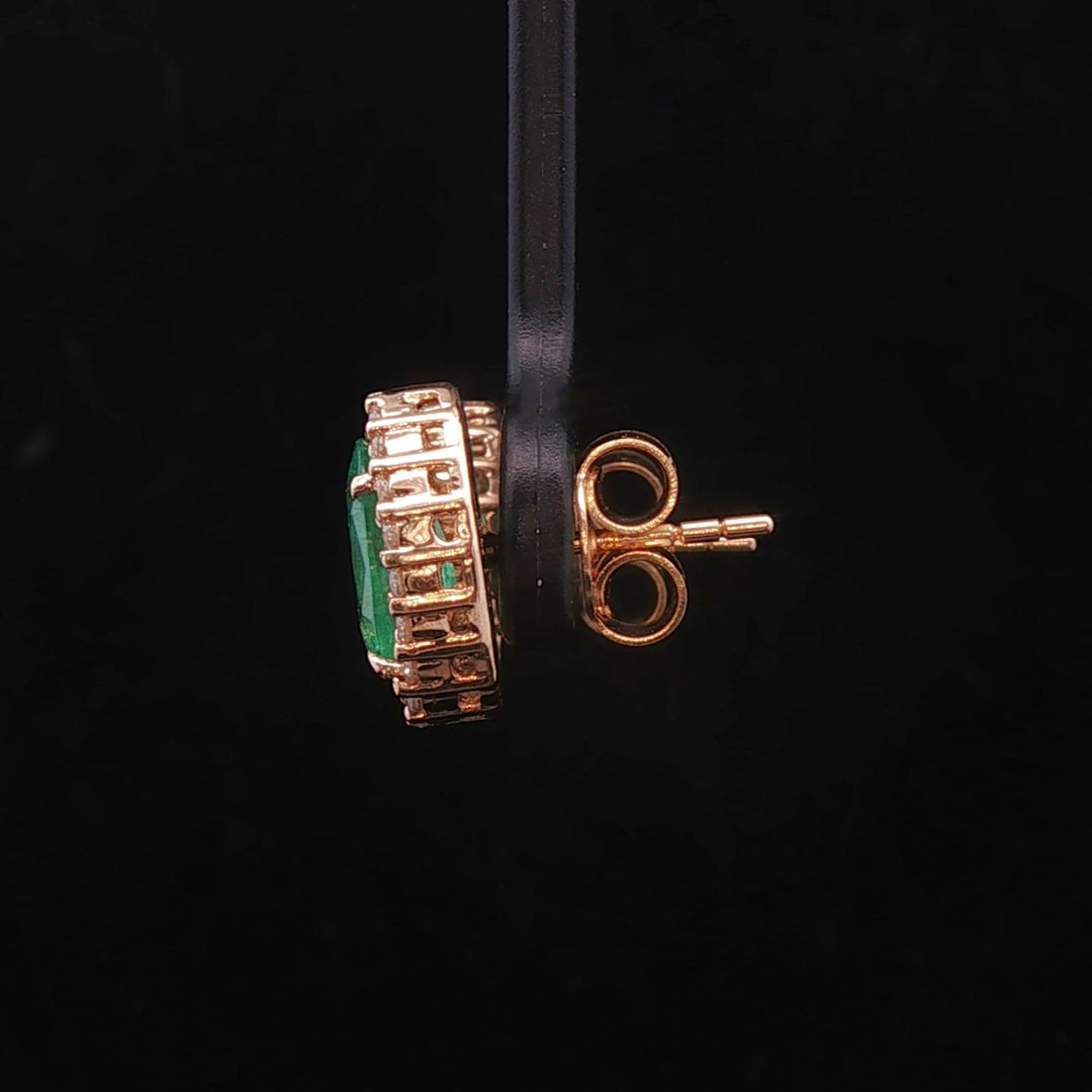 18k Yellow Gold Emerald and 0.56cttw Diamond Halo Stud Earrings