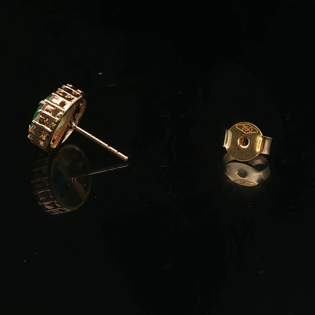 18k Yellow Gold Emerald and 0.56cttw Diamond Halo Stud Earrings
