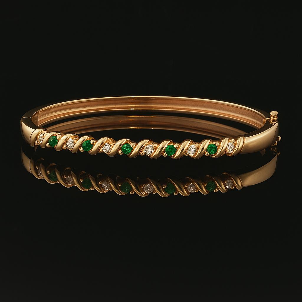 14k Yellow Gold Emerald and Diamond 16g Solid Bangle Bracelet 6.5"
