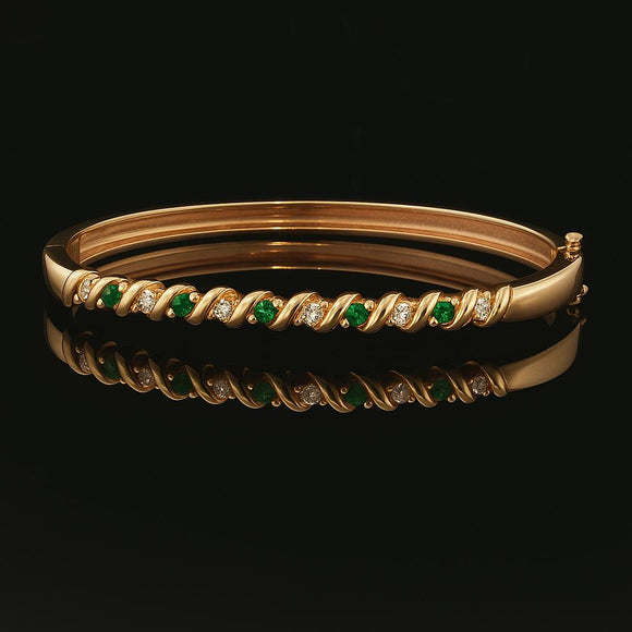 14k Yellow Gold Emerald and Diamond 16g Solid Bangle Bracelet 6.5