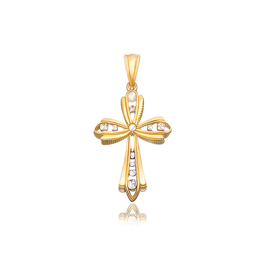 Brand New 14k Two-Tone Gold Fancy Cross Pendant with Diamond Cuts