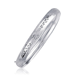 Brand New Classic Floral Carved Bangle in 14k White Gold (6.00 mm)