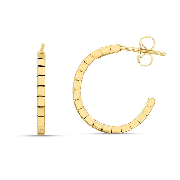 Brand New 14k Yellow Gold Brick Omega Hoop Earrings