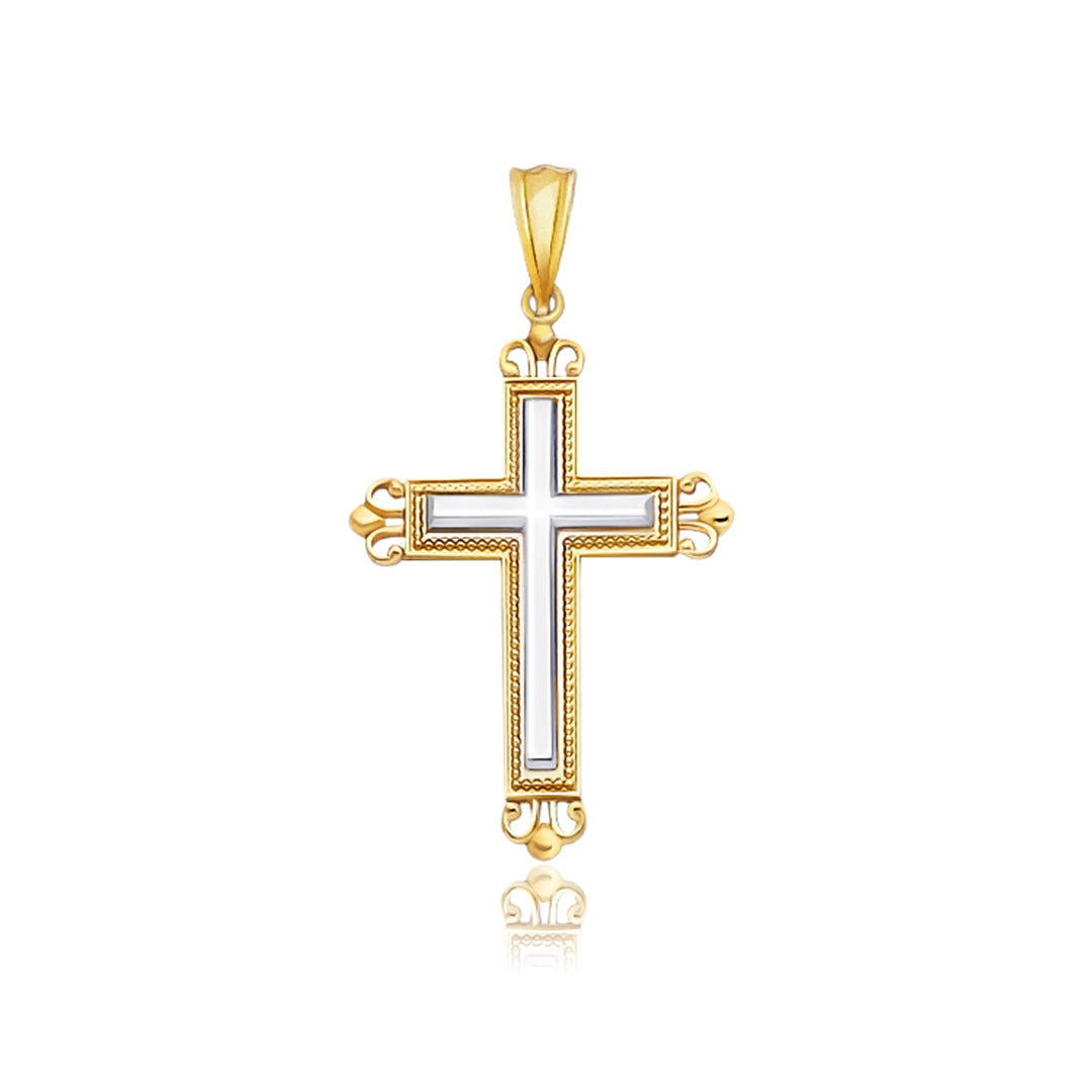 Brand New 14k Two-Tone Gold Cross Pendant with an Ornate Budded Style