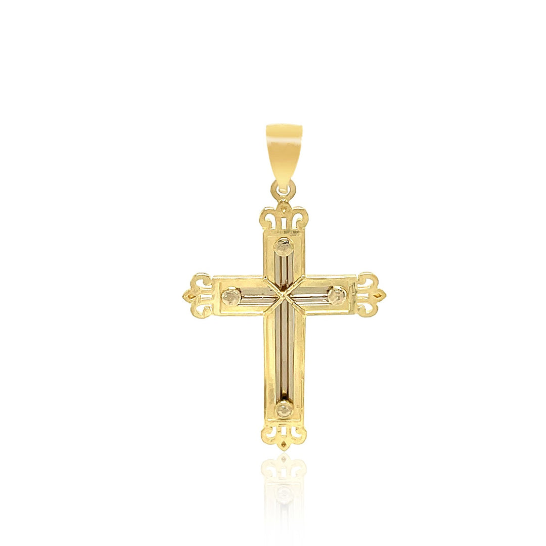 Brand New 14k Two-Tone Gold Cross Pendant with an Ornate Budded Style