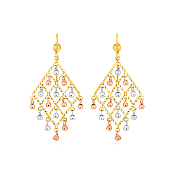 Textured Chandelier Earrings with Ball Drops in 14k Tri Color Gold