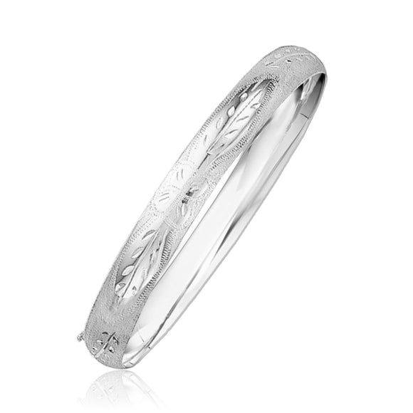 Brand New Classic Floral Carved Bangle in 14k White Gold (8.00 mm)