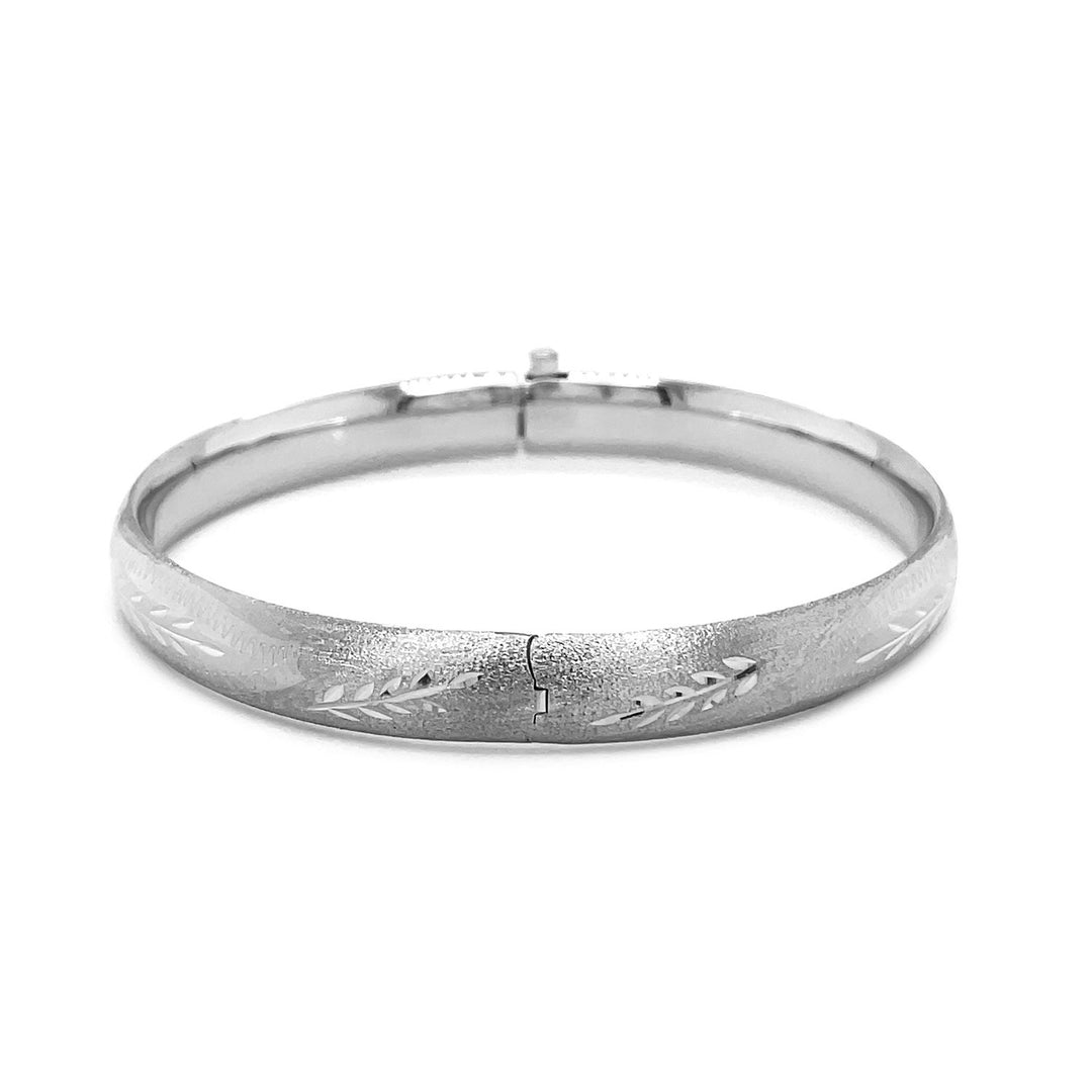 Brand New Classic Floral Carved Bangle in 14k White Gold (8.00 mm)