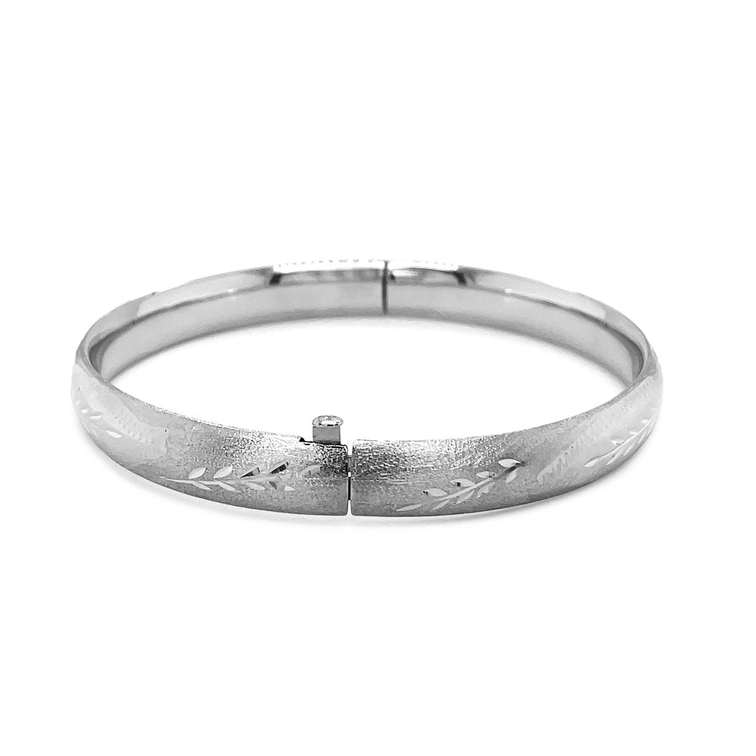 Brand New Classic Floral Carved Bangle in 14k White Gold (8.00 mm)