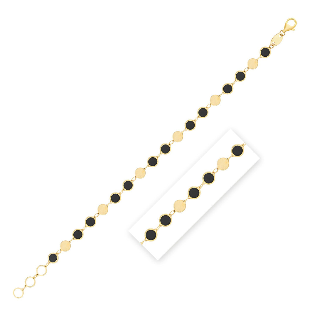 Brand New 14k Yellow Gold Onyx Geometric Mirror Gem Chain Bracelet