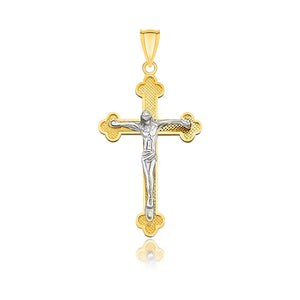 Brand New 14k Two-Tone Gold Small Budded Style Cross with Figure Pendant