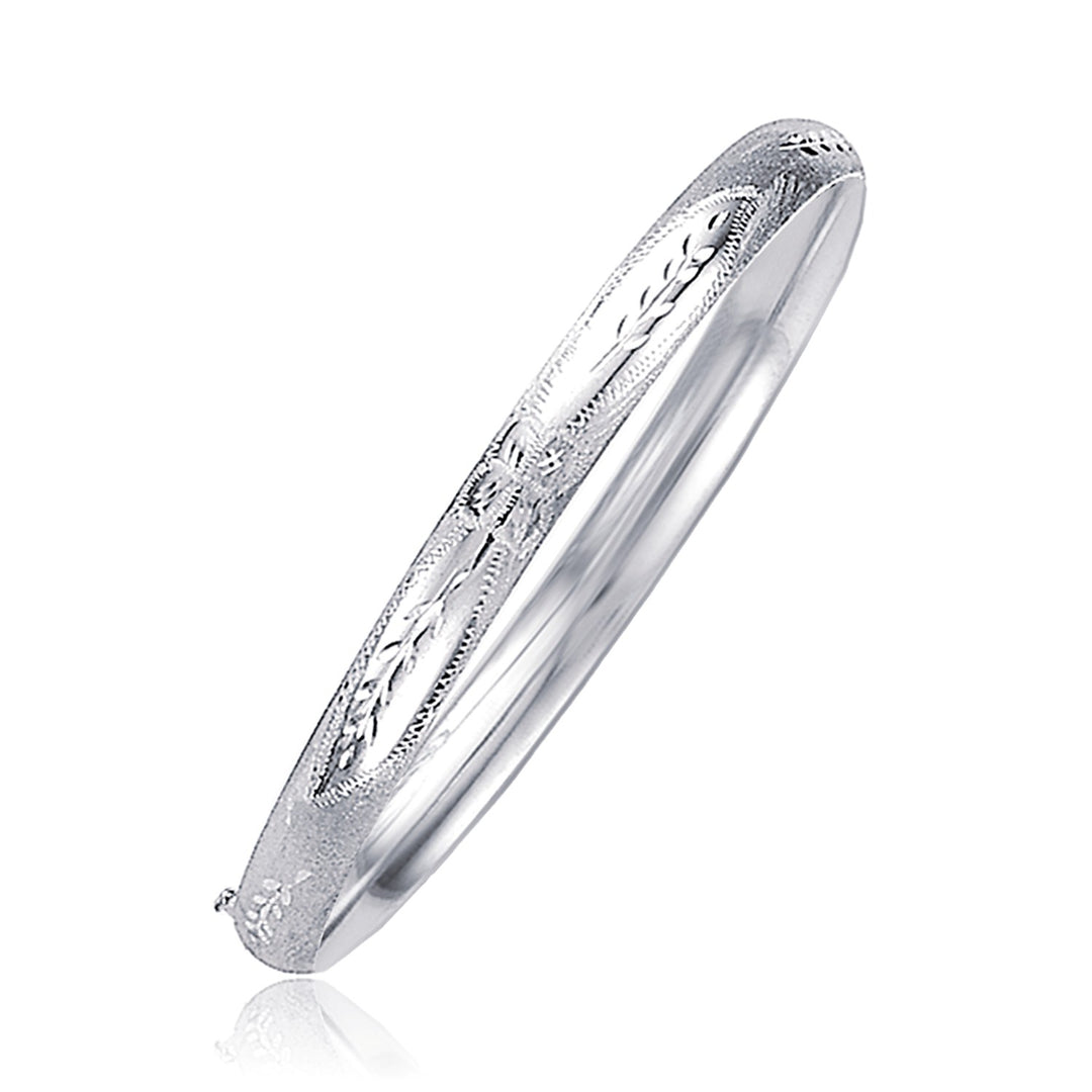 Brand New Classic Floral Carved Bangle in 14k White Gold (5.00 mm)