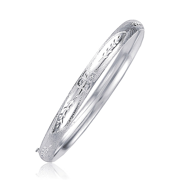 Brand New Classic Floral Carved Bangle in 14k White Gold (5.00 mm)