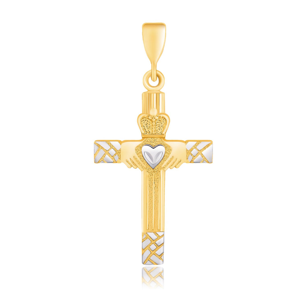 Brand New 14k Two-Tone Gold Cross Pendant with a Claddagh Motif